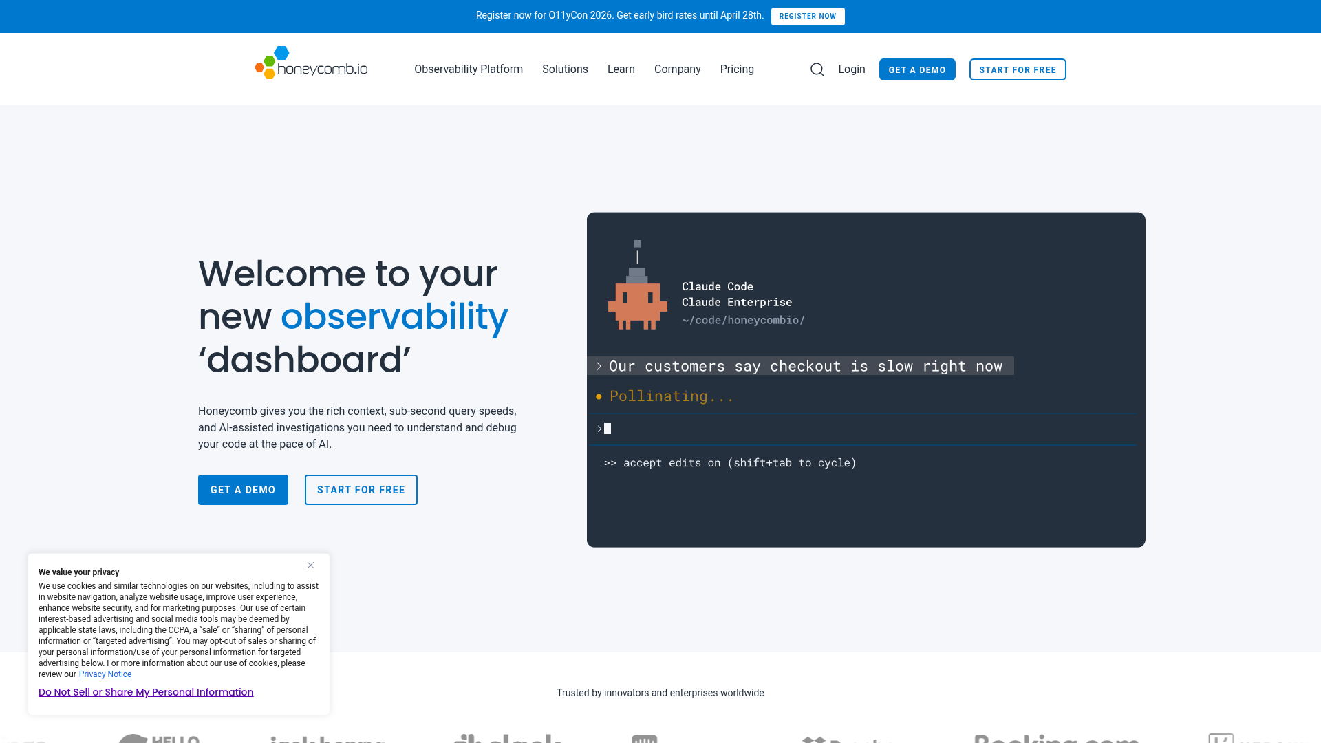 Screenshot of Honeycomb website