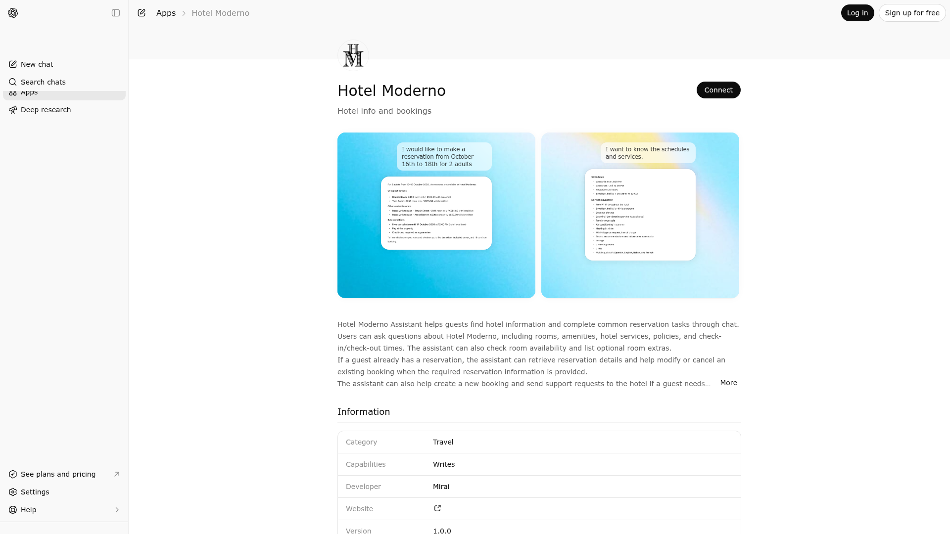 Screenshot of Hotel Moderno website
