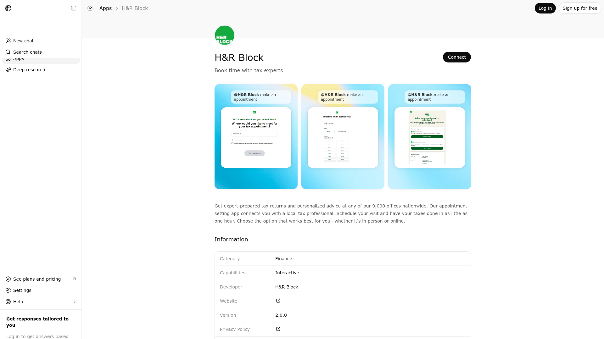 Screenshot of H&R Block website