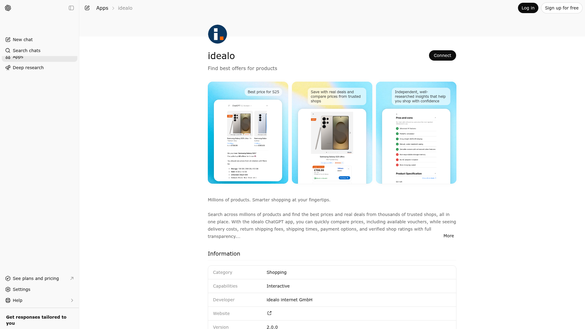Screenshot of idealo website