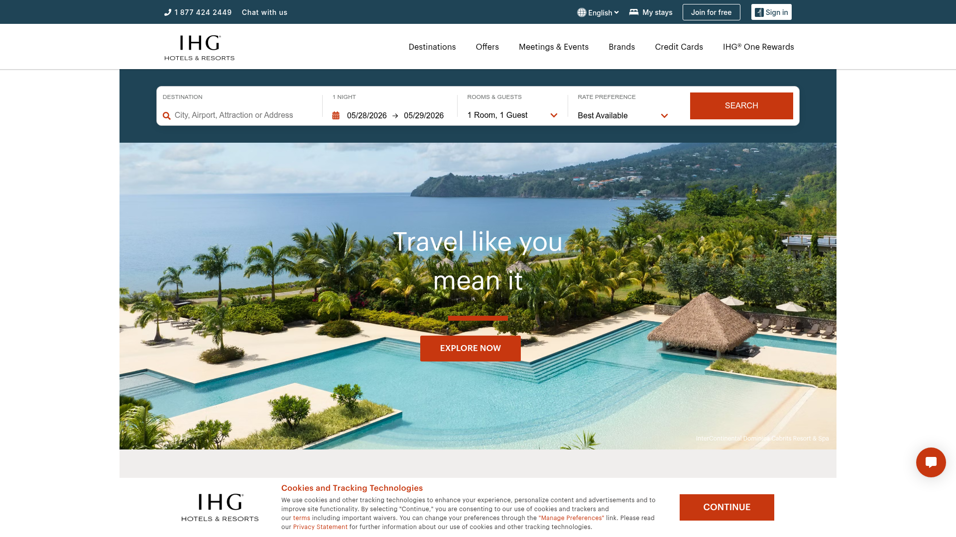 Screenshot of IHG Hotels & Resorts website