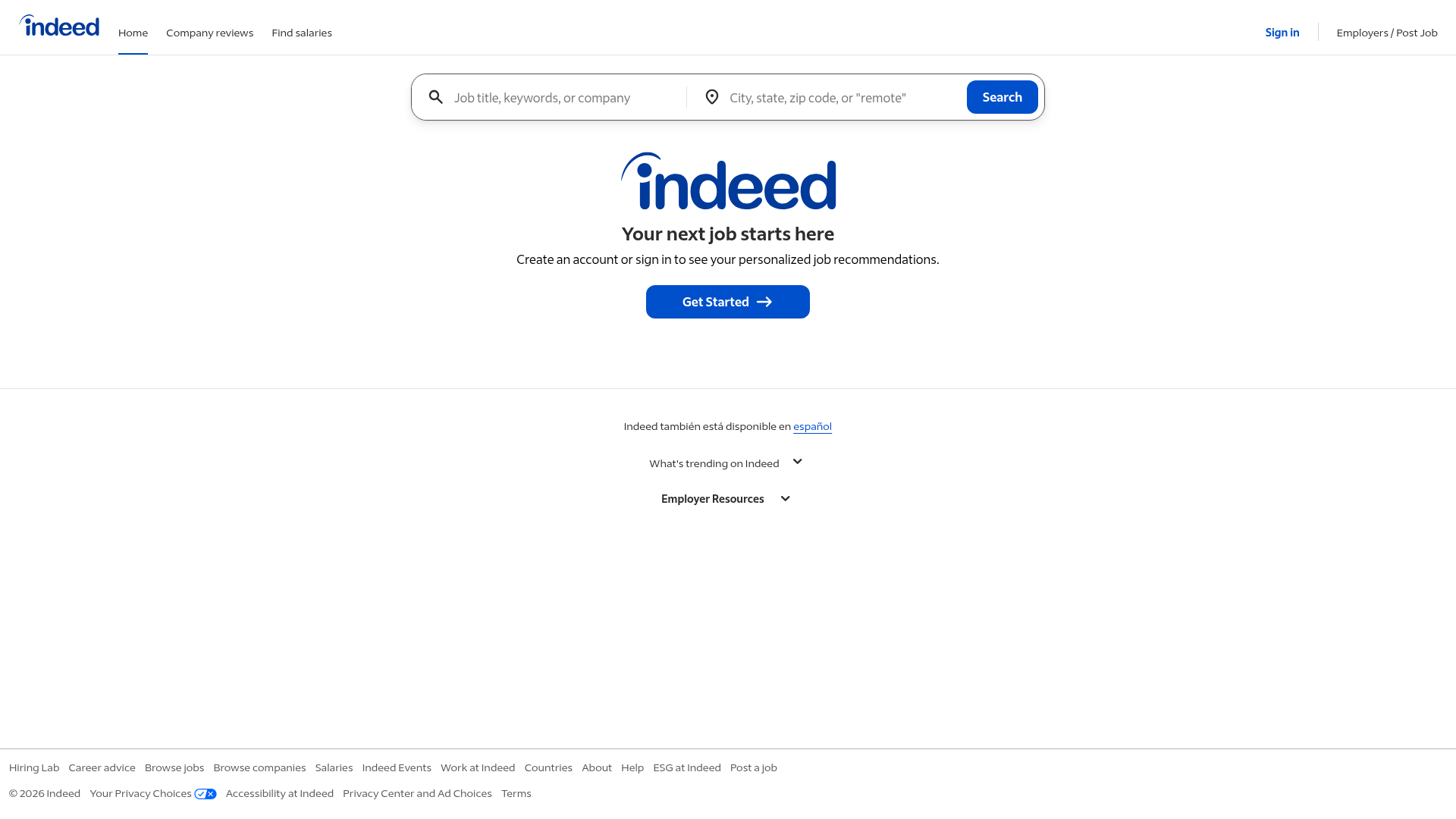 Screenshot of Indeed website