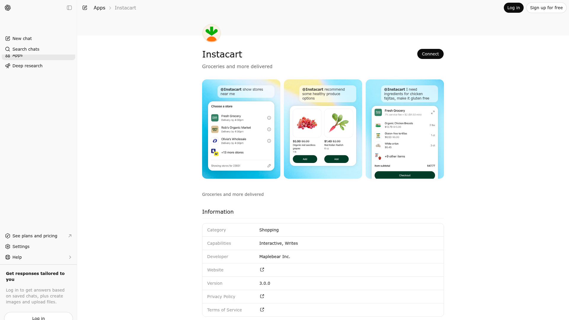 Screenshot of Instacart website