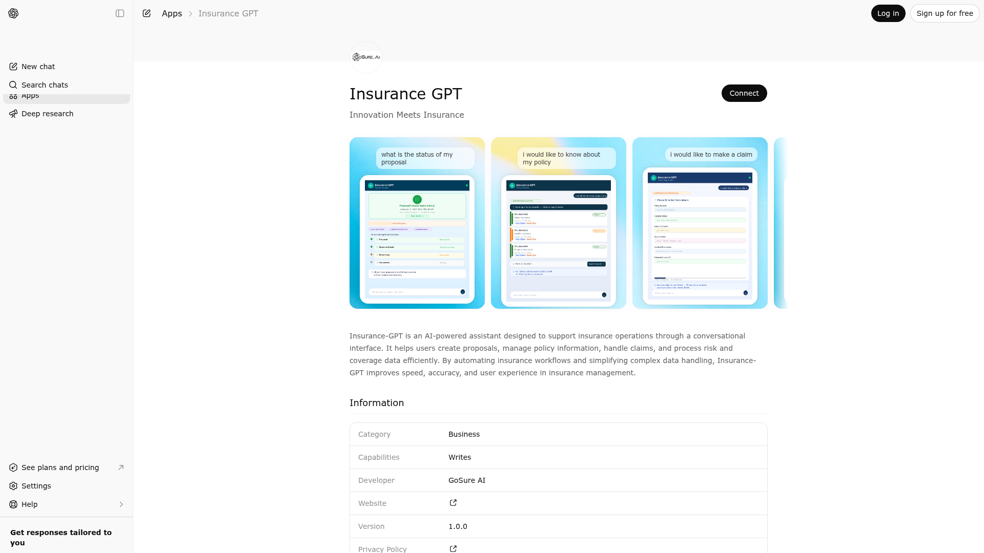 Screenshot of Insurance GPT website