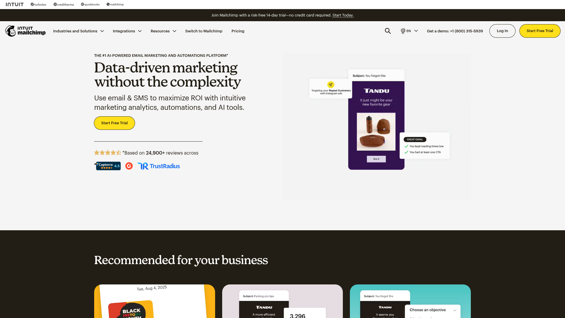 Screenshot of Intuit Mailchimp website