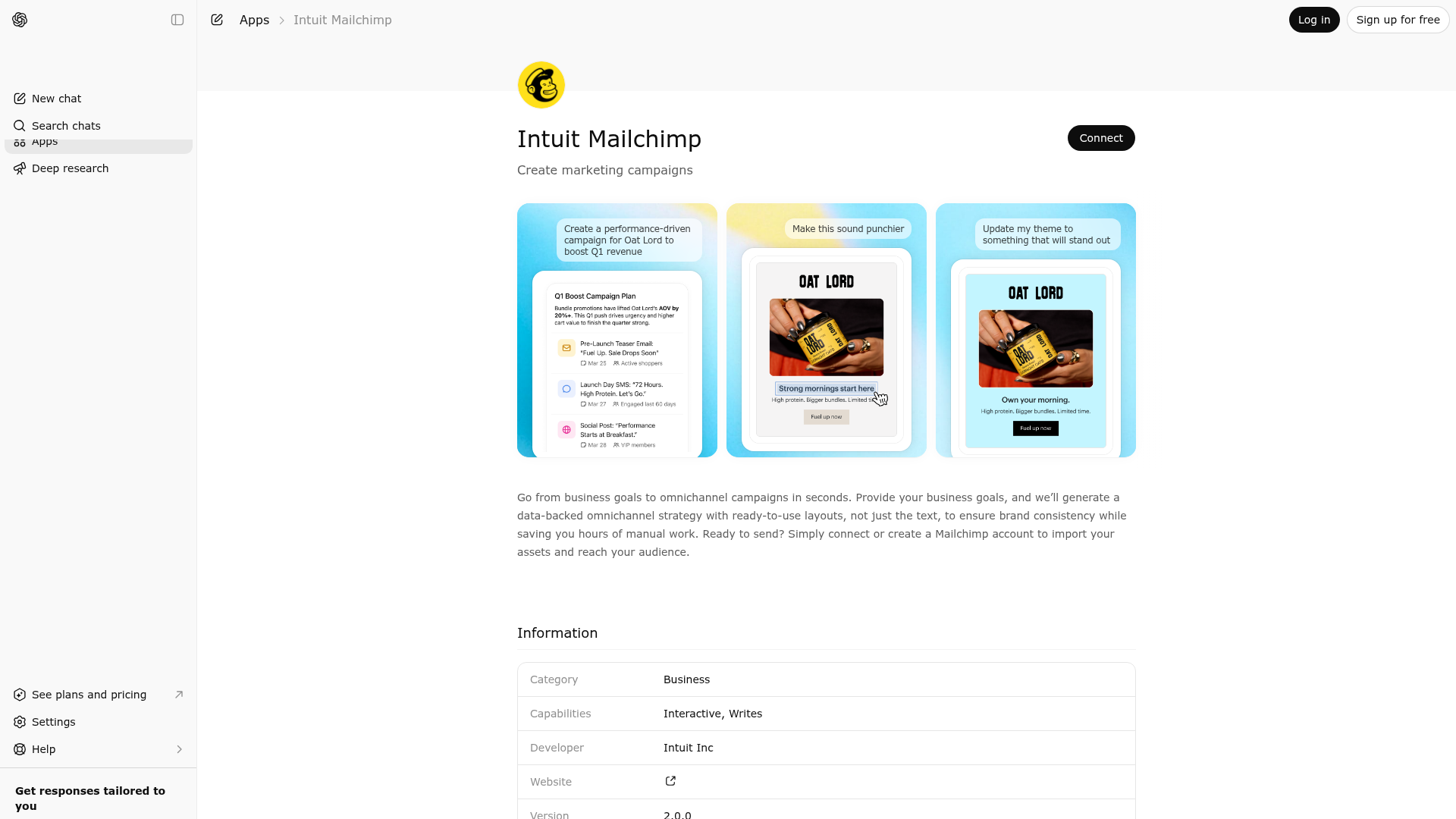 Screenshot of Intuit Mailchimp website