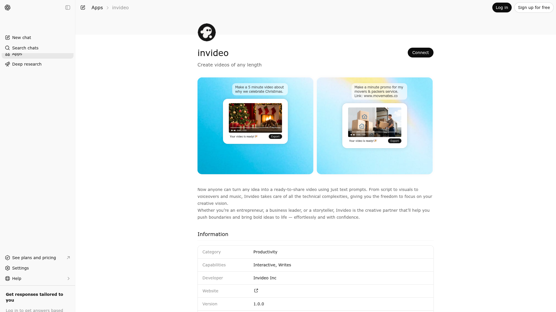 Screenshot of invideo website