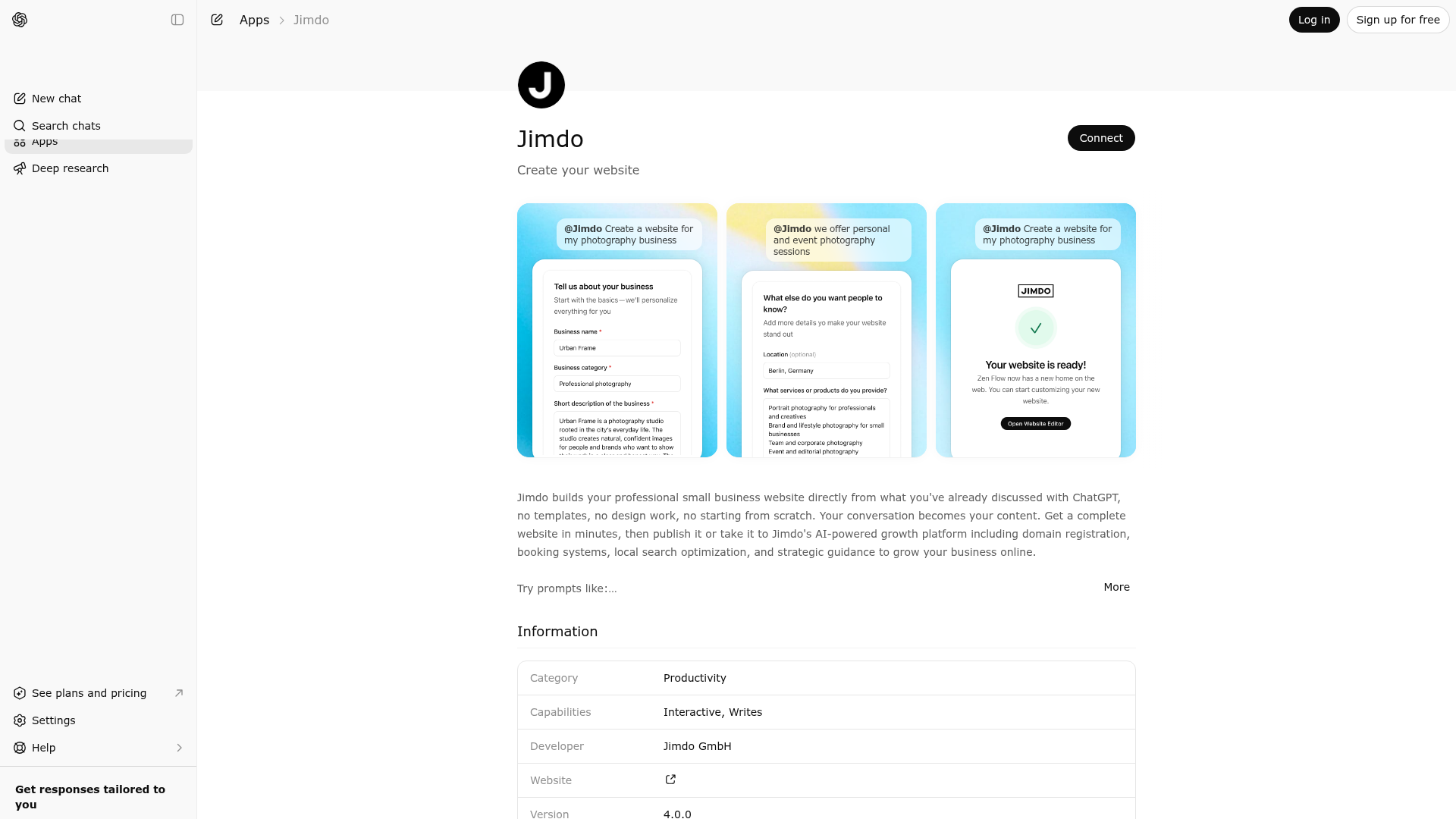Screenshot of Jimdo website