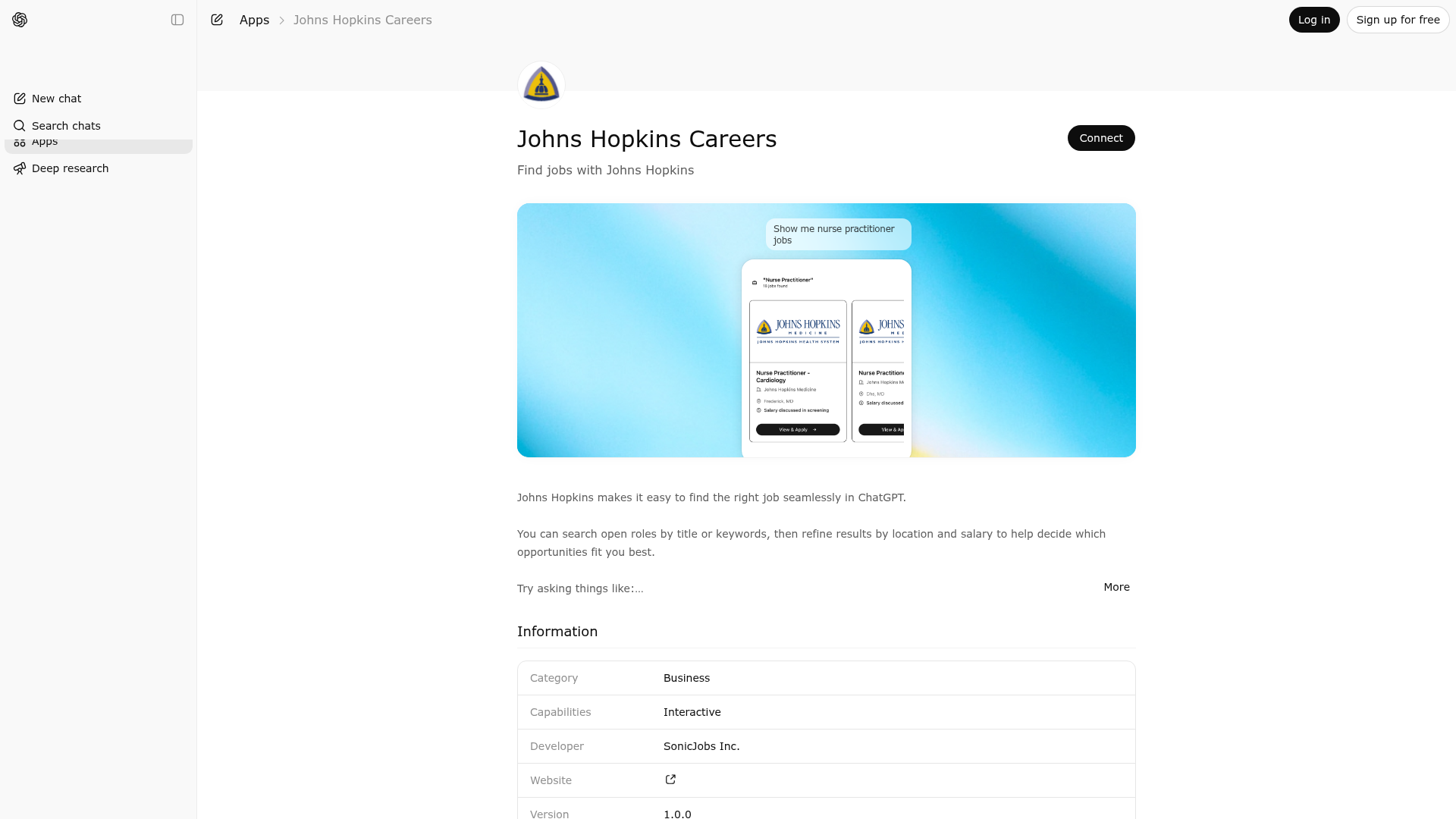 Screenshot of Johns Hopkins Careers website