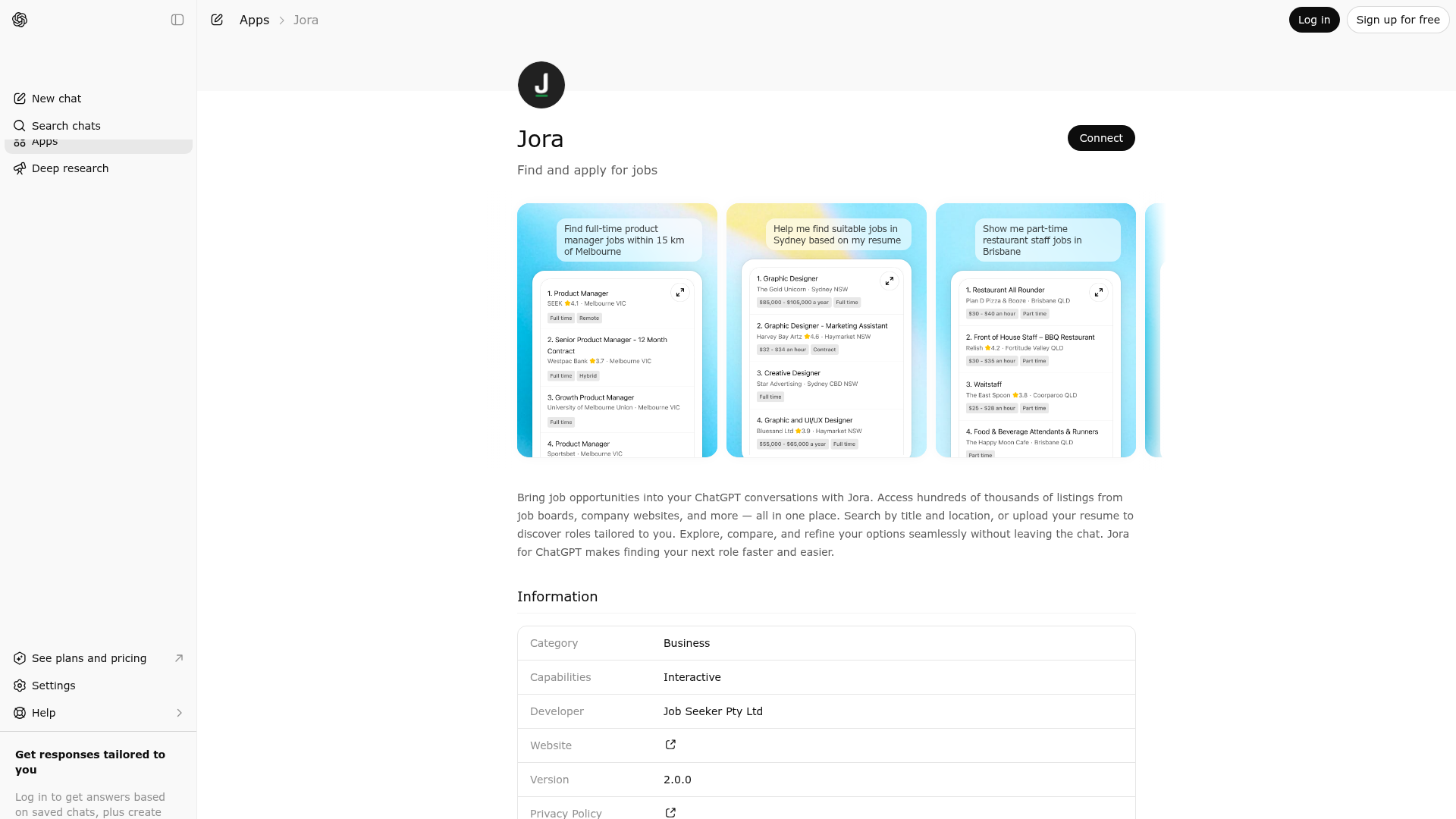 Screenshot of Jora website