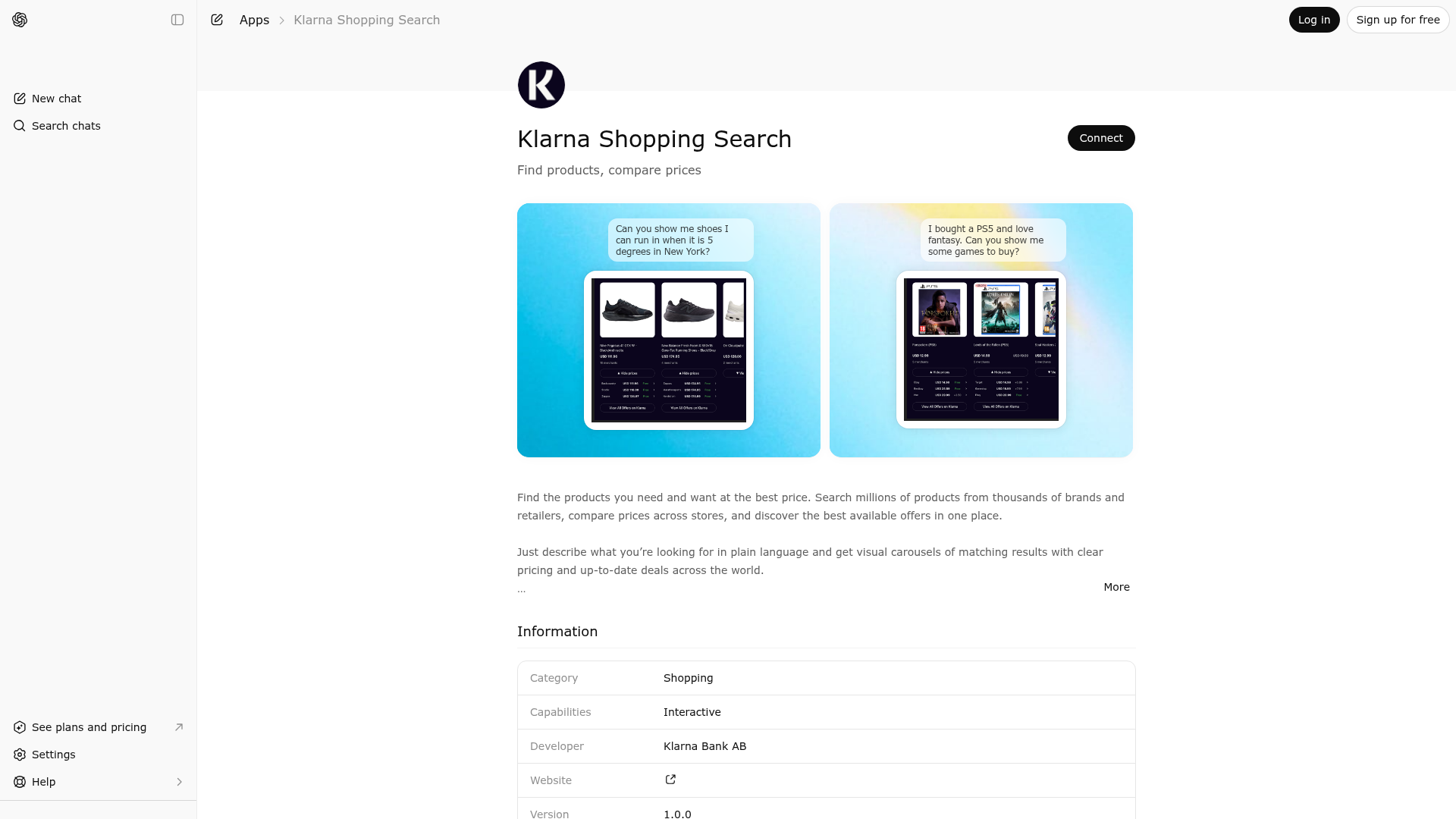 Screenshot of Klarna Shopping Search website