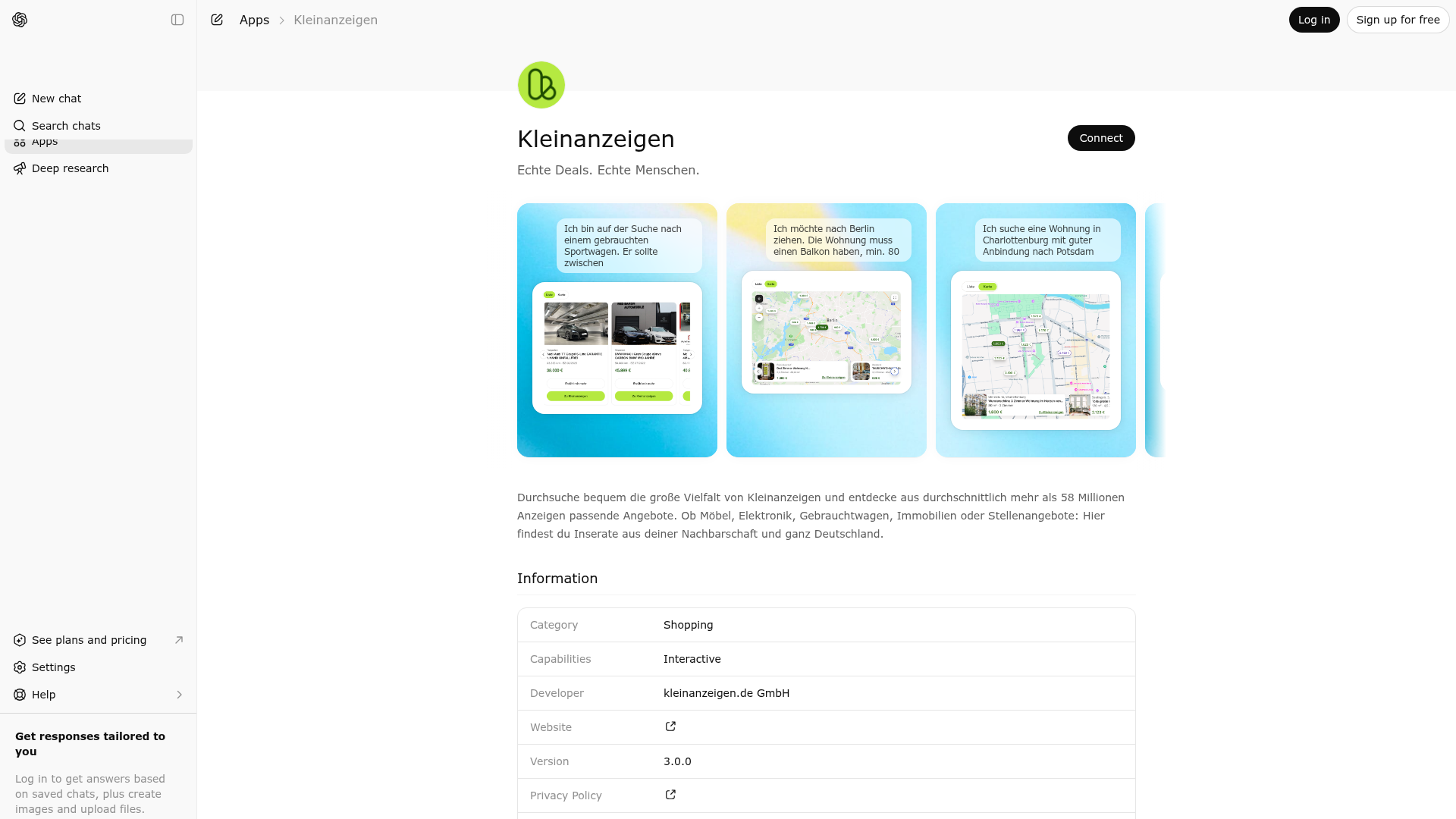 Screenshot of Kleinanzeigen website