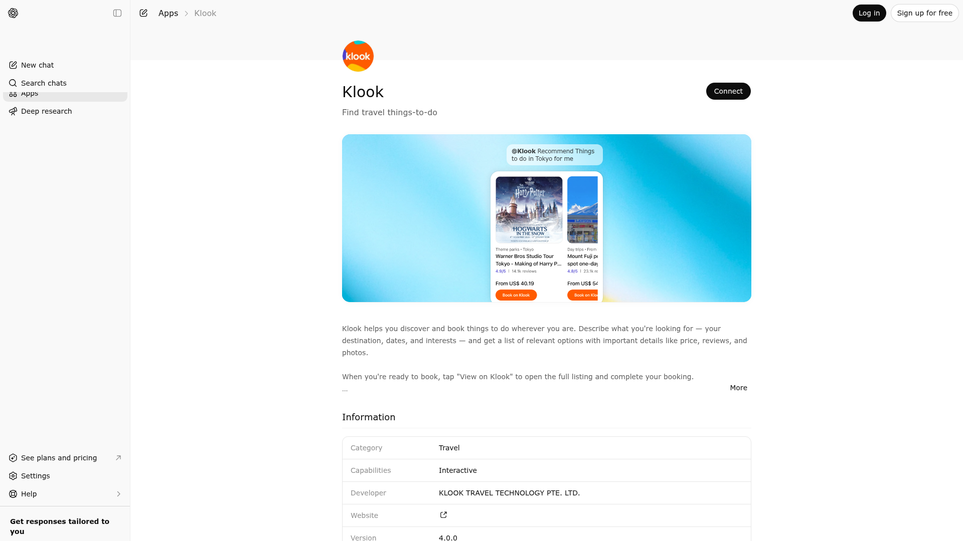 Screenshot of Klook website
