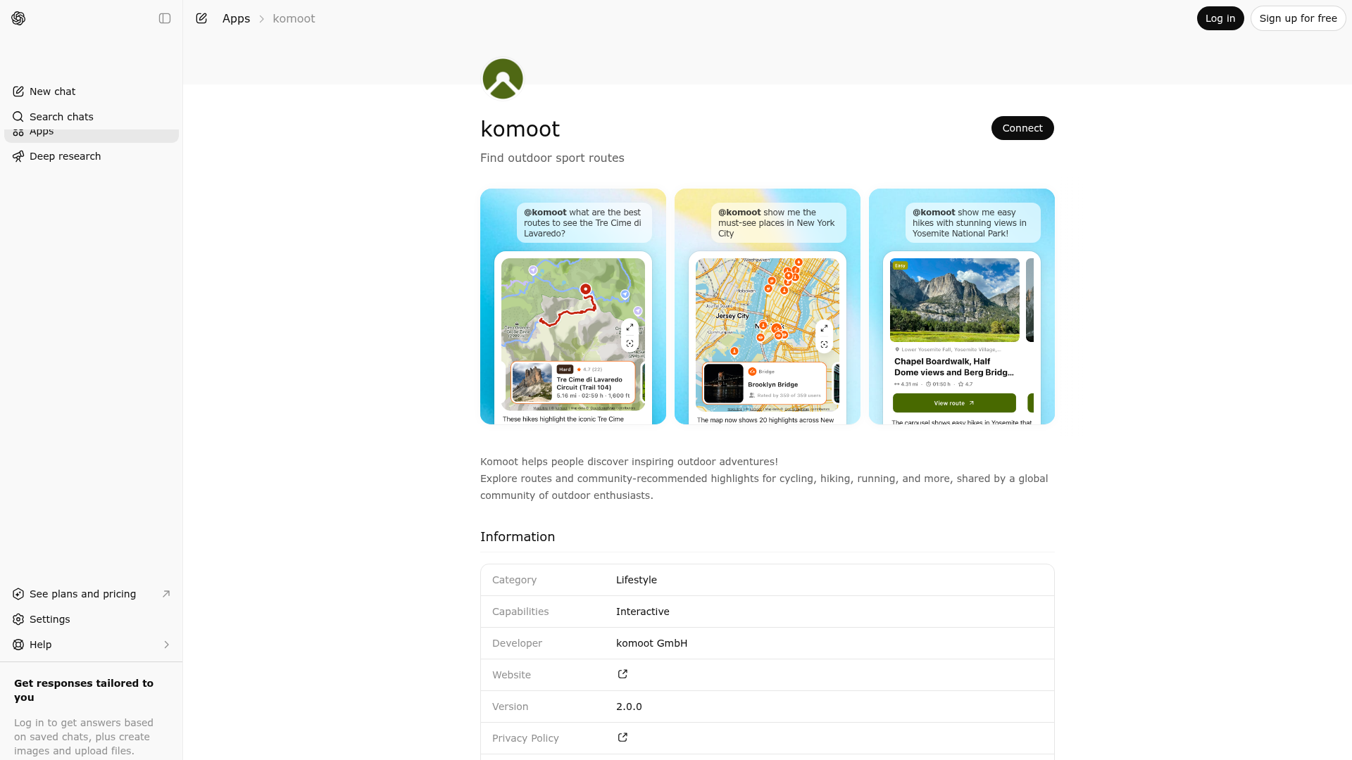 Screenshot of komoot website