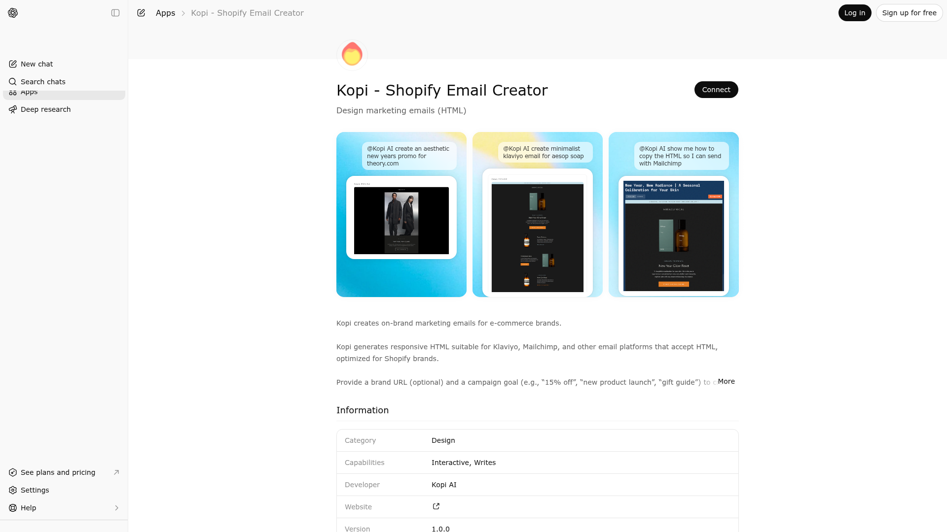 Screenshot of Kopi - Shopify Email Creator website