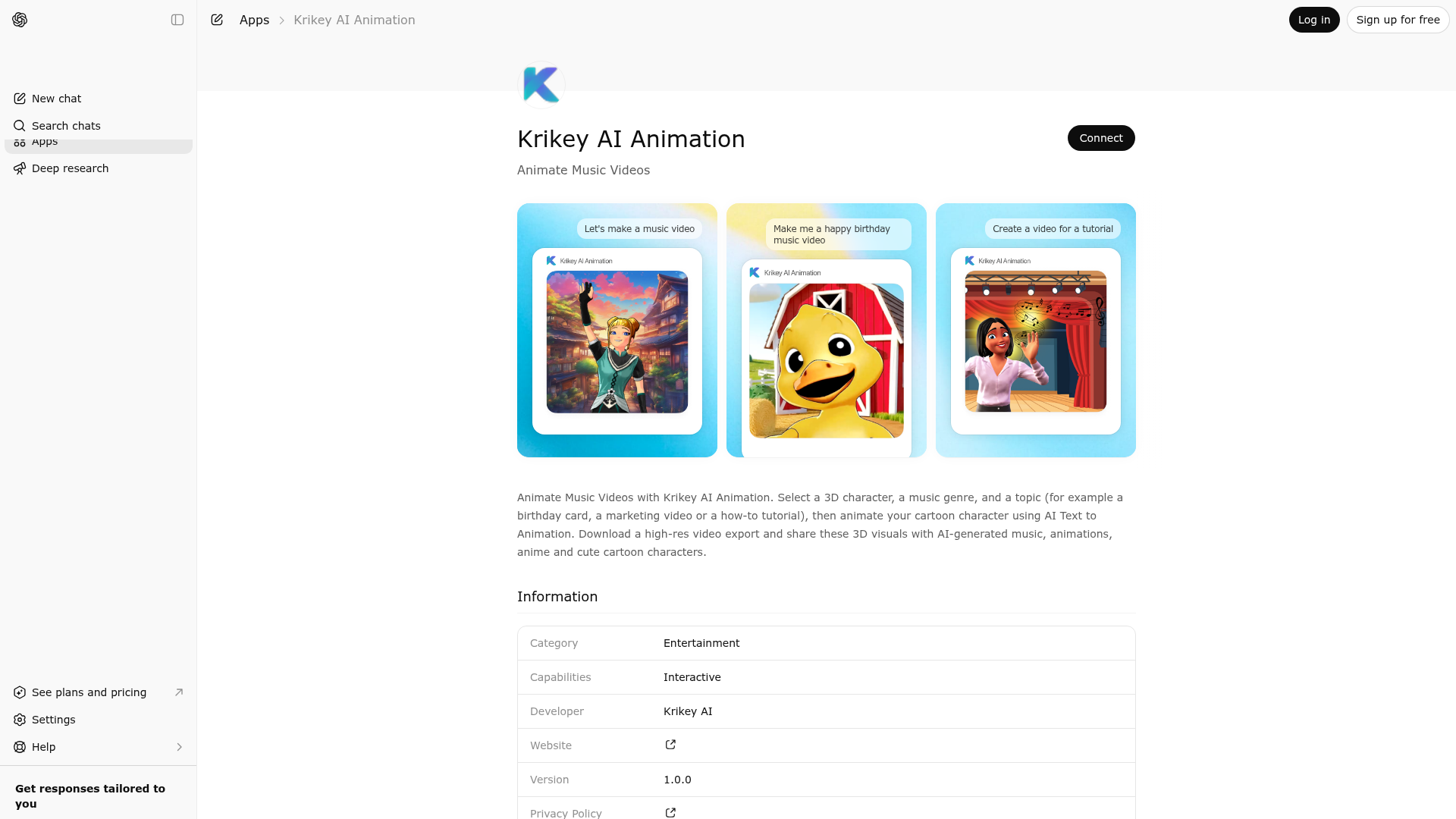 Screenshot of Krikey AI Animation website