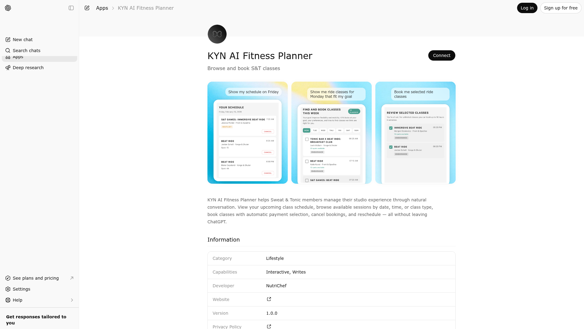 Screenshot of KYN AI Fitness Planner website