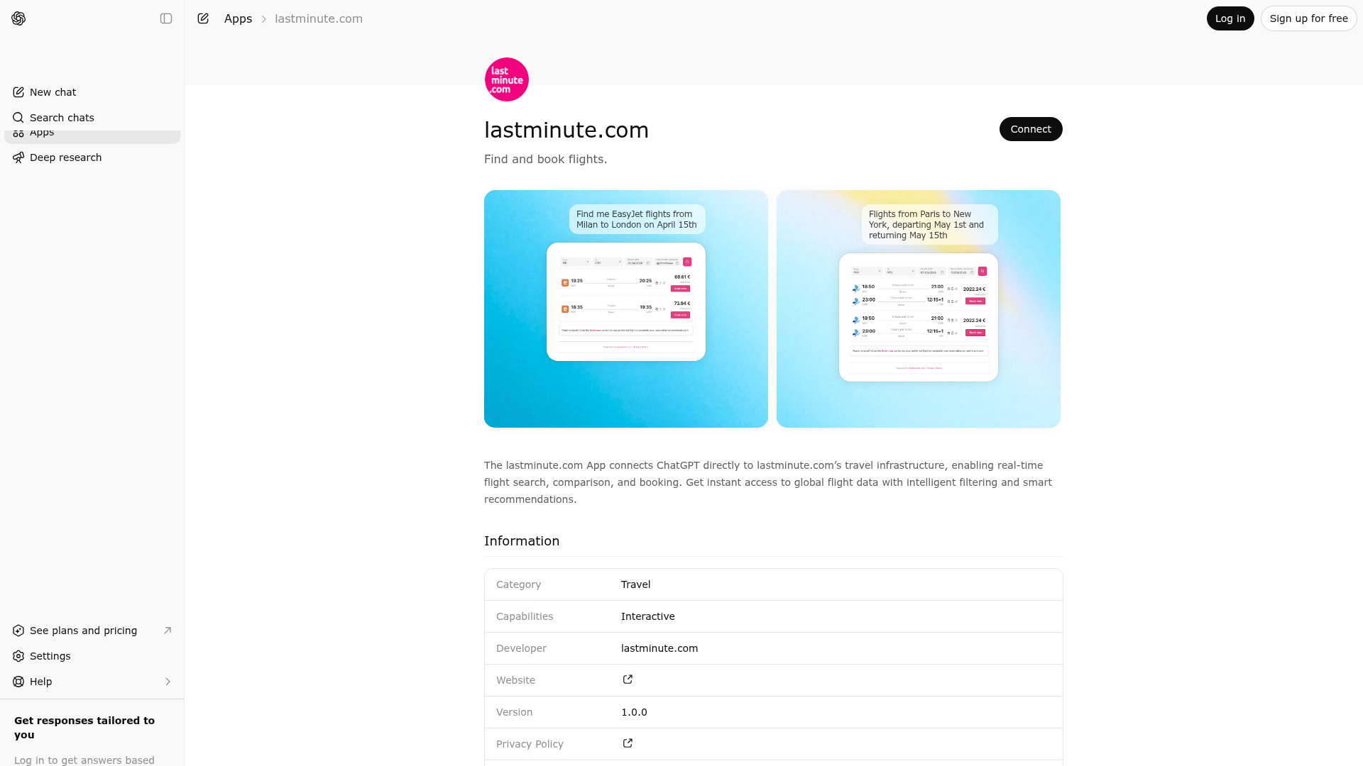 Screenshot of lastminute.com website
