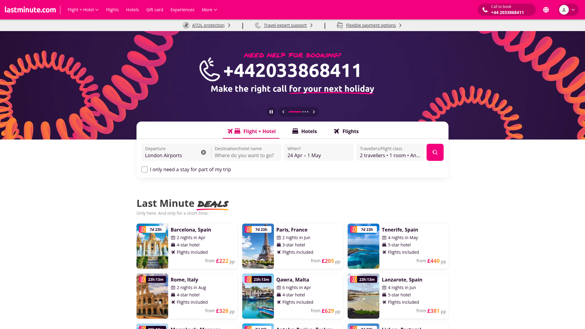 Screenshot of lastminute.com website