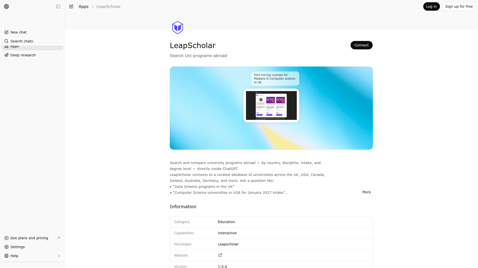 Screenshot of LeapScholar website