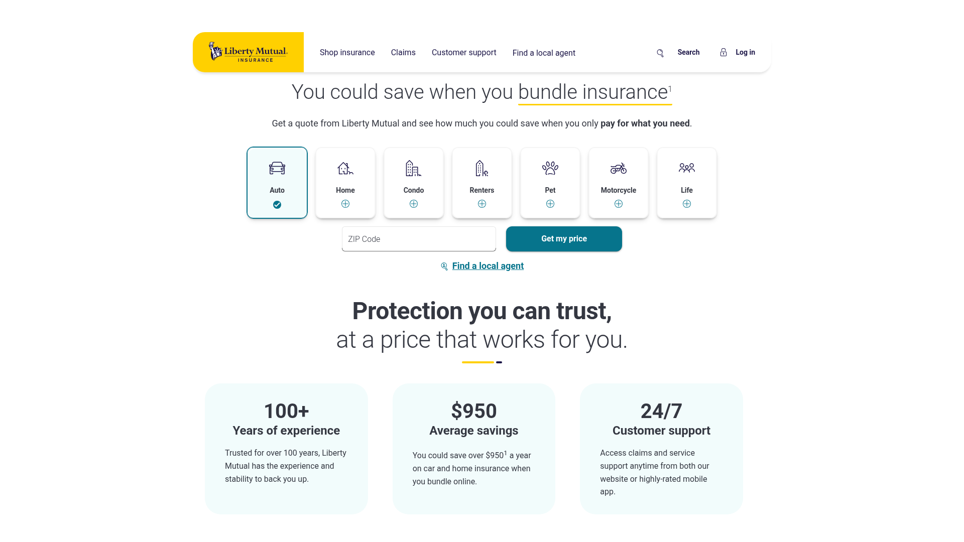 Screenshot of Liberty Mutual website