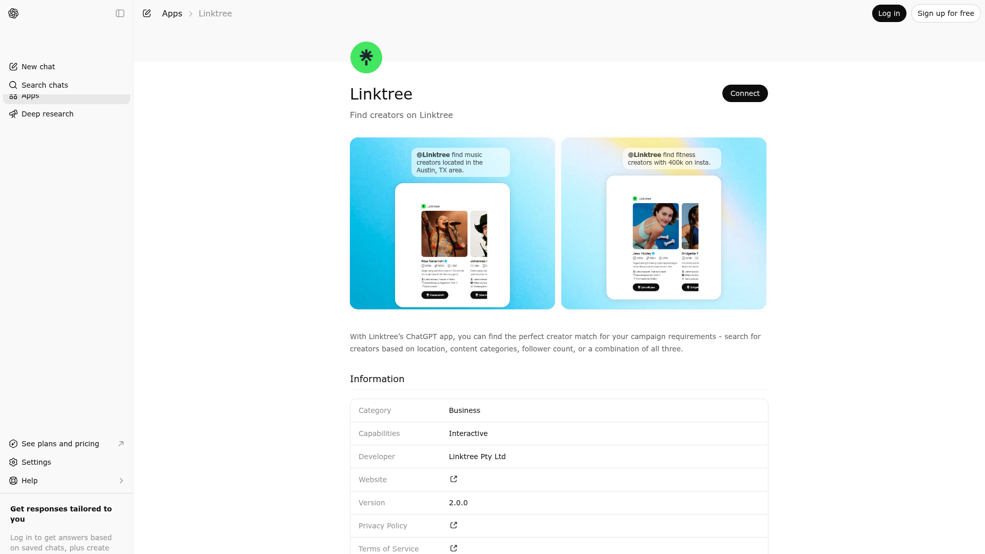 Screenshot of Linktree website