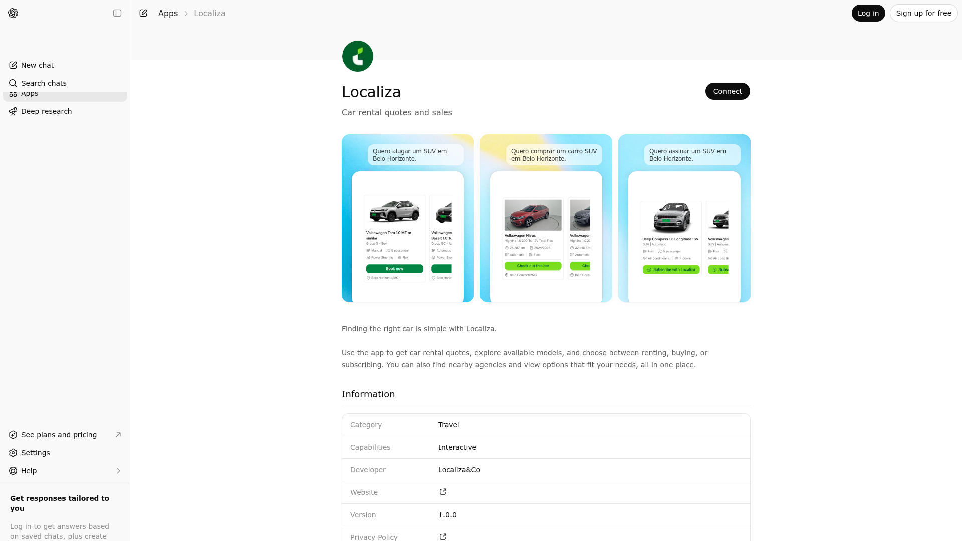 Screenshot of Localiza website