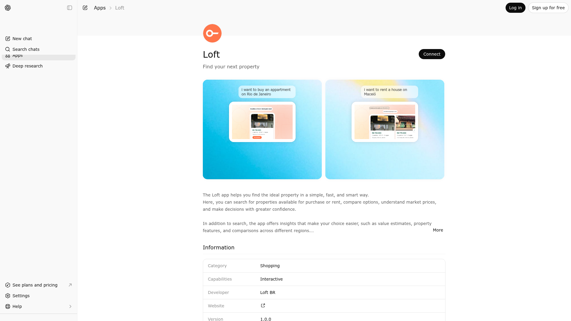 Screenshot of Loft website