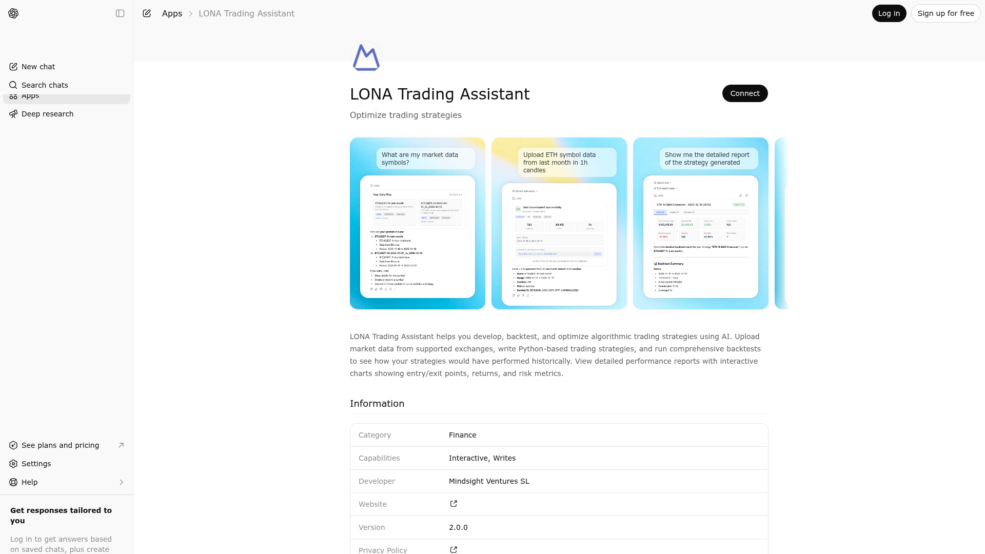 Screenshot of LONA Trading Assistant website