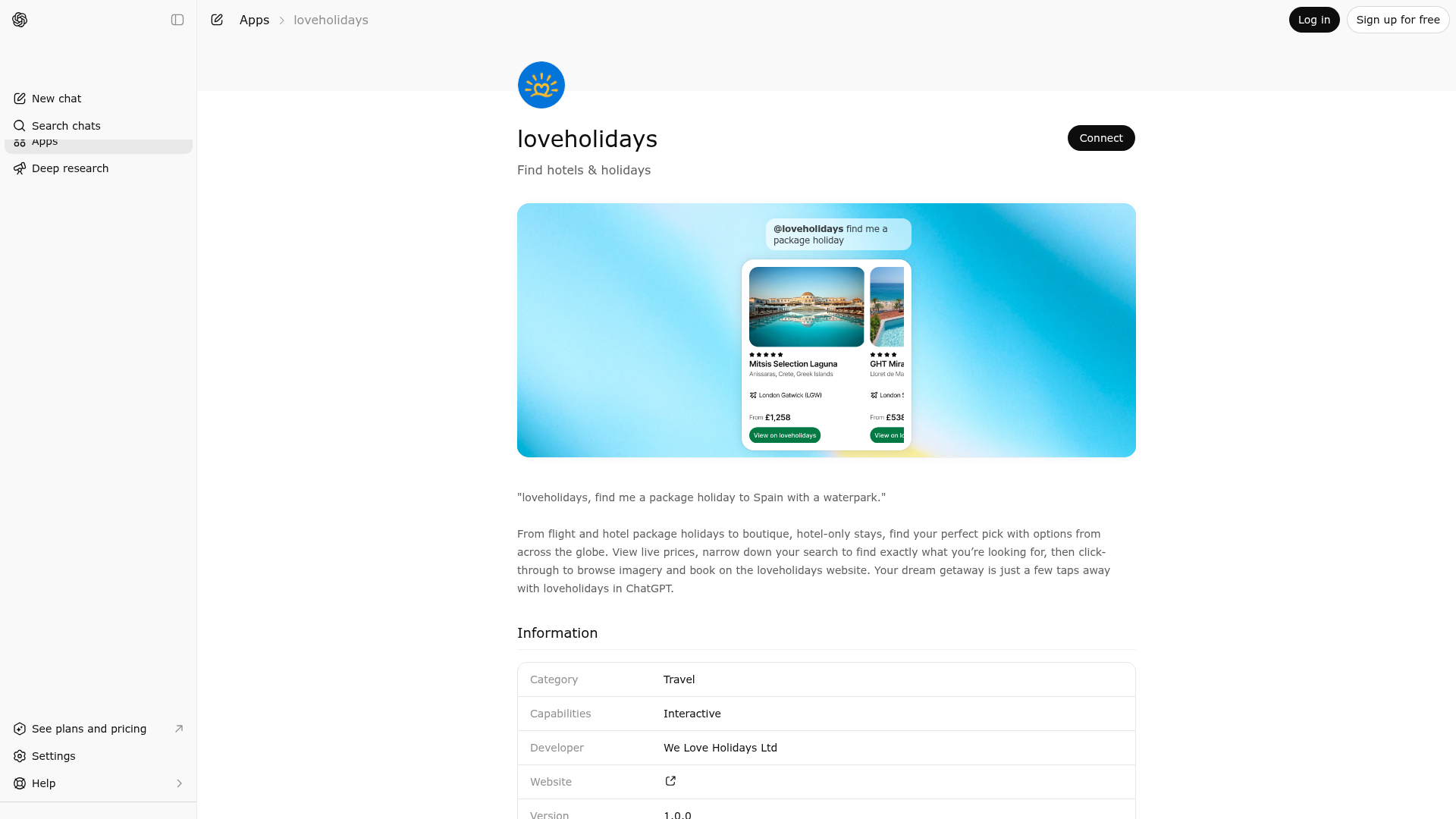 Screenshot of loveholidays website