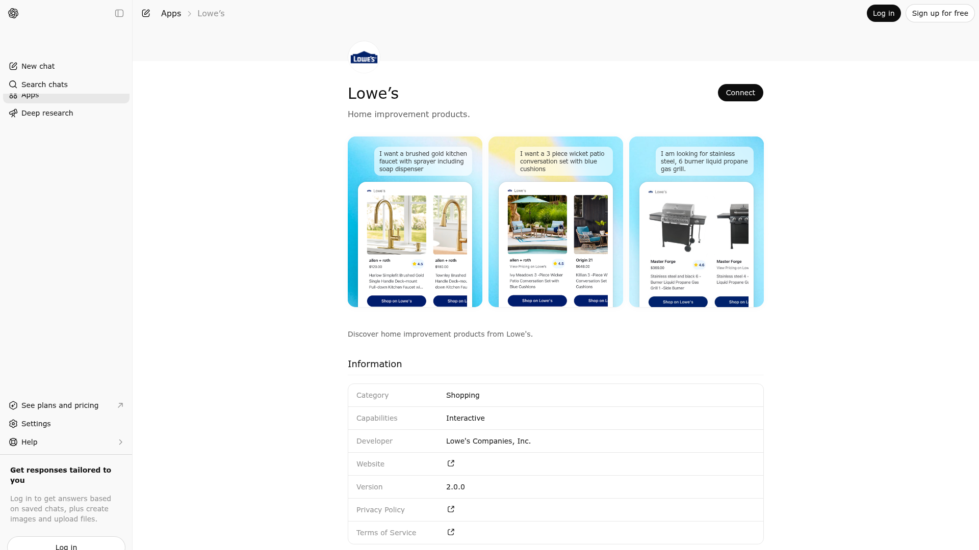 Screenshot of Lowe’s website