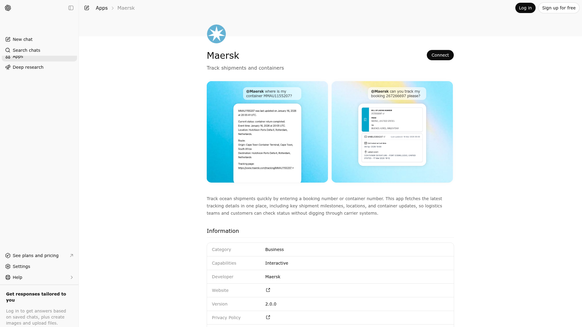 Screenshot of Maersk website