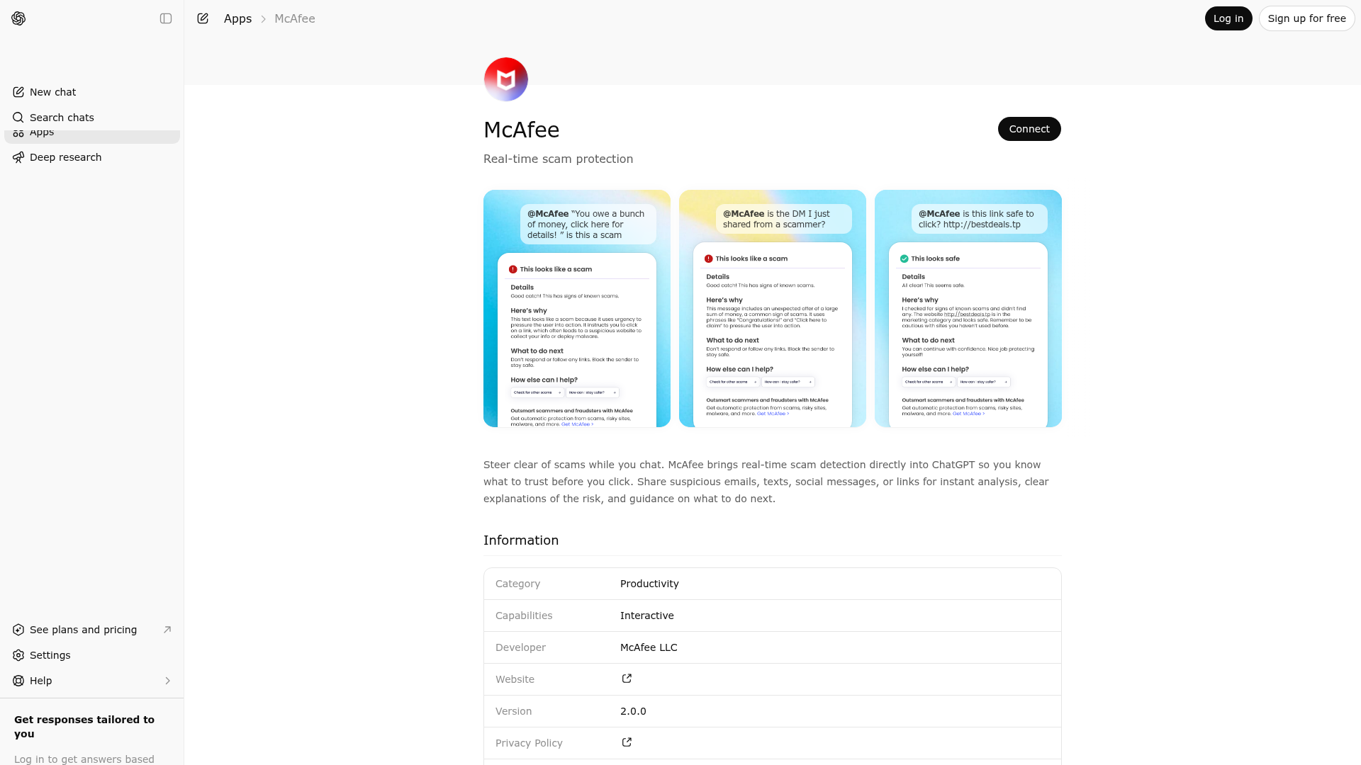 Screenshot of McAfee website