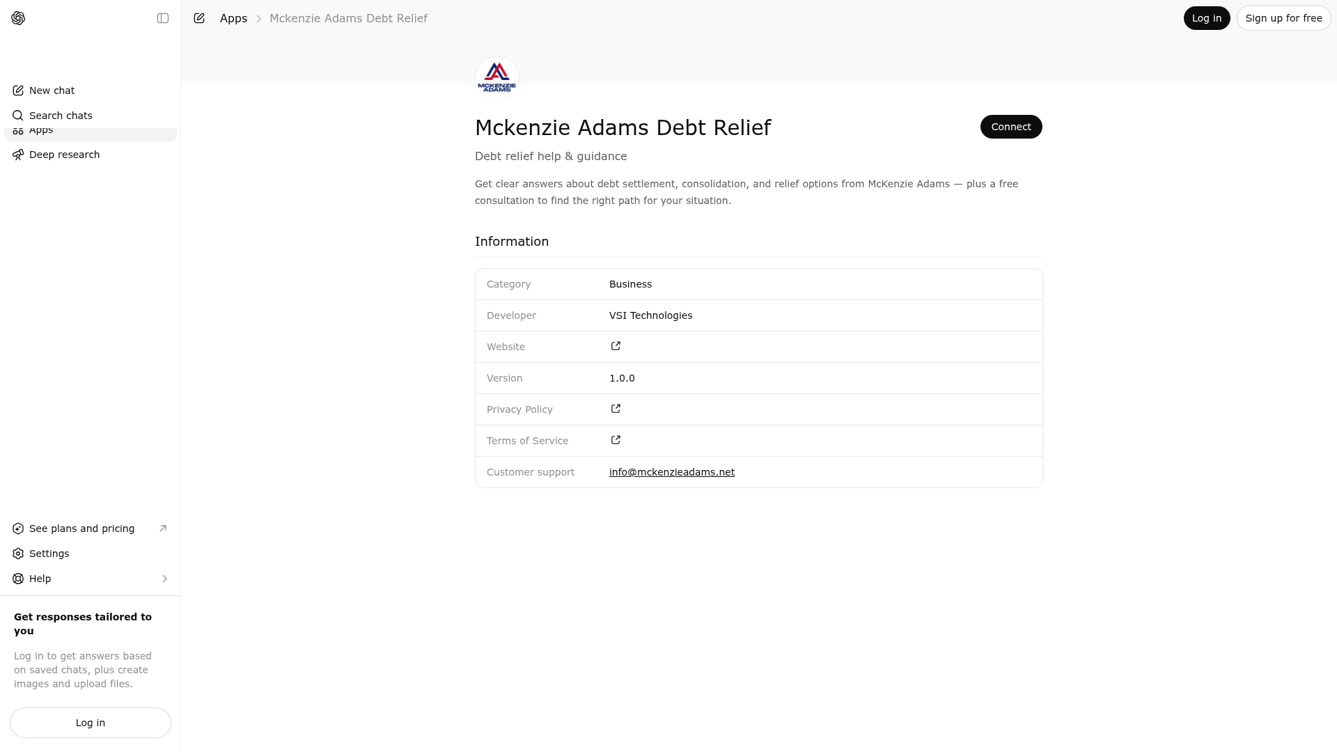 Screenshot of Mckenzie Adams Debt Relief website