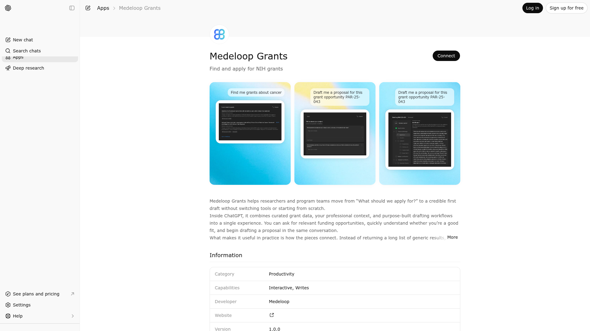 Screenshot of Medeloop Grants website