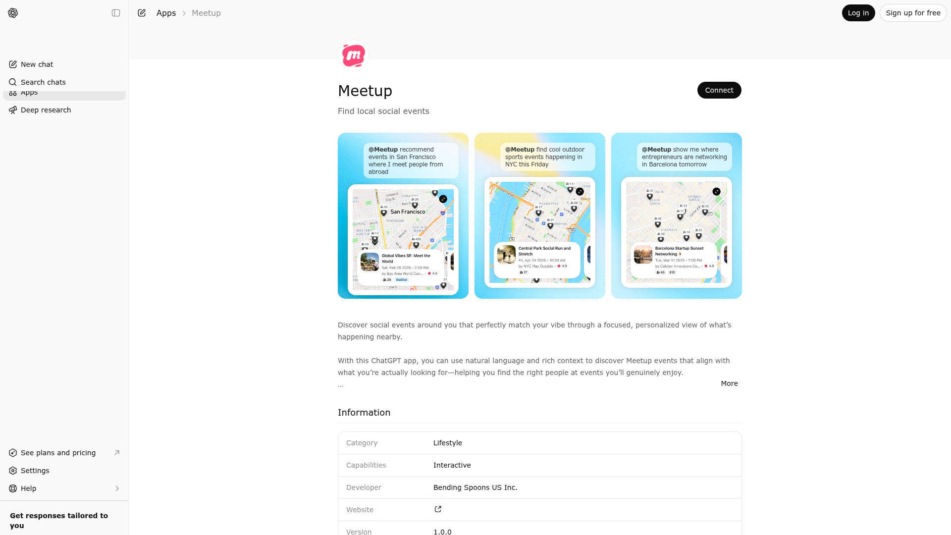 Screenshot of Meetup website