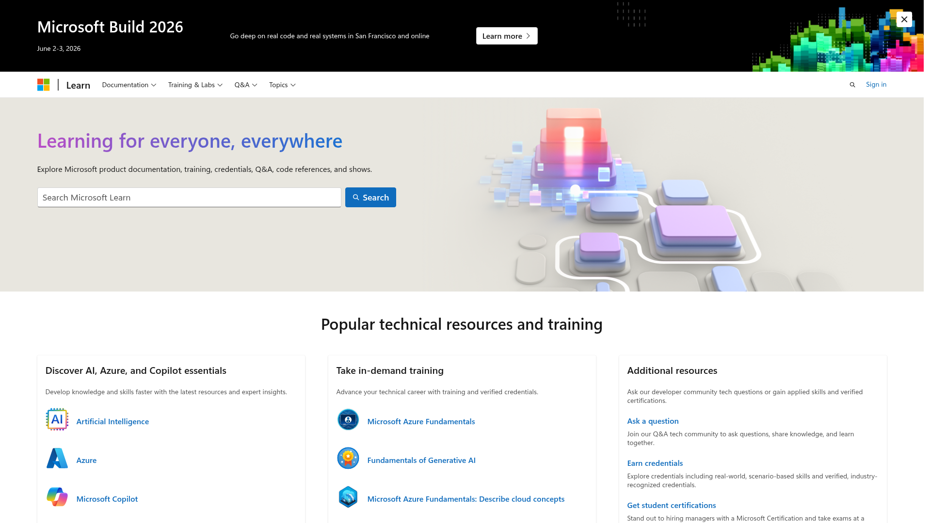 Screenshot of Microsoft Learn website