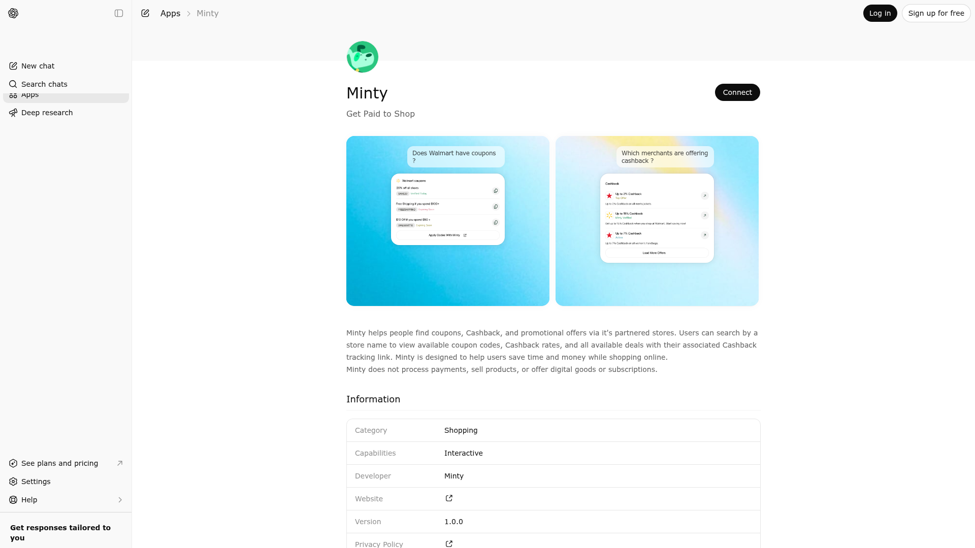 Screenshot of Minty website