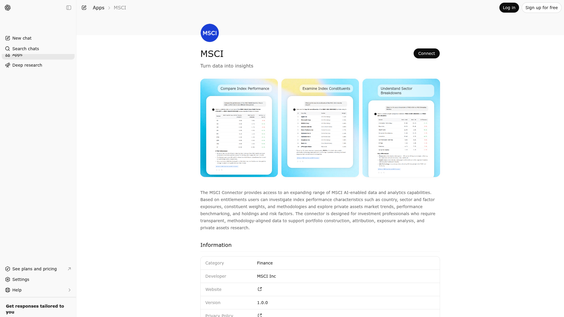 Screenshot of MSCI website