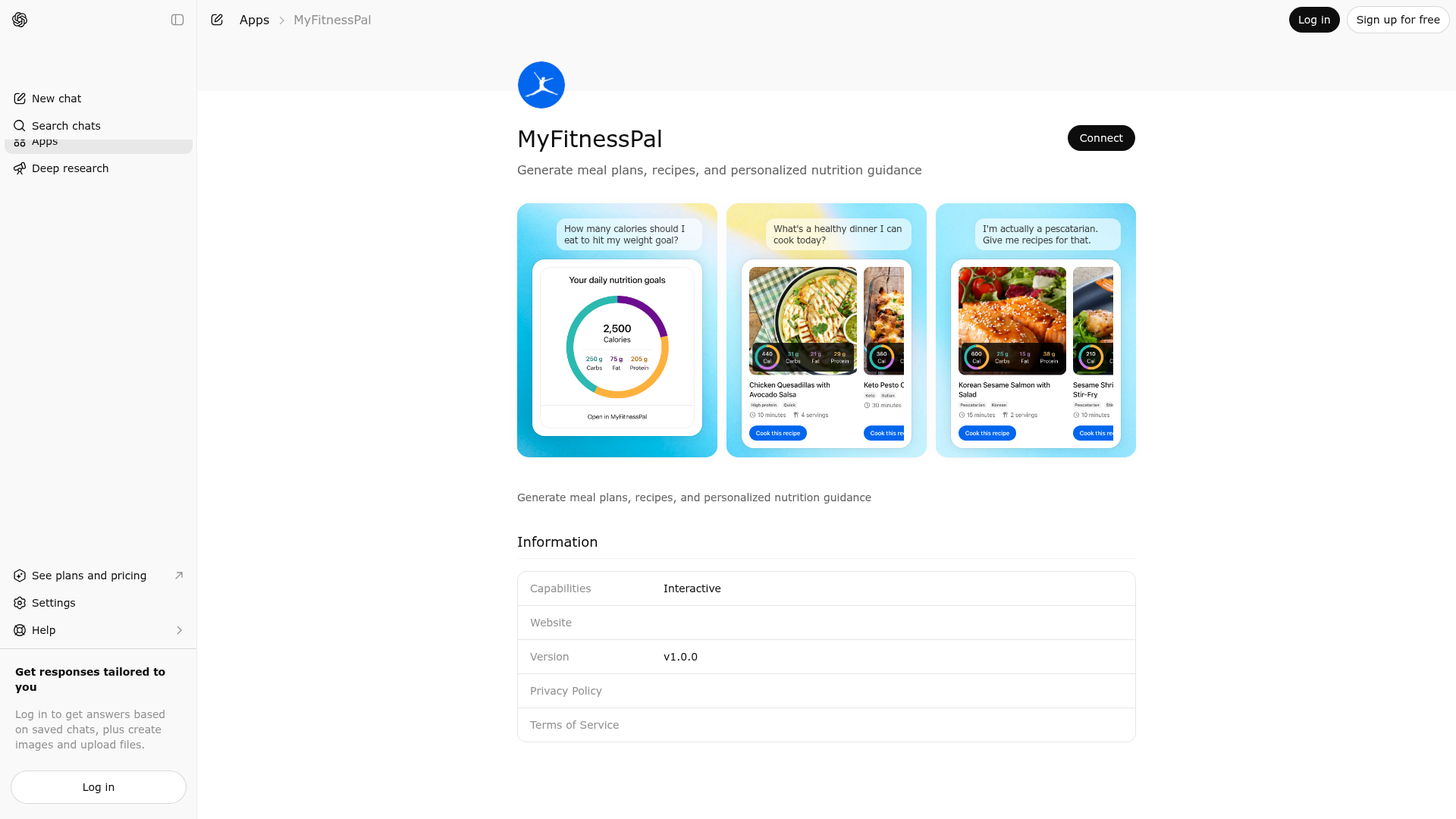Screenshot of MyFitnessPal website