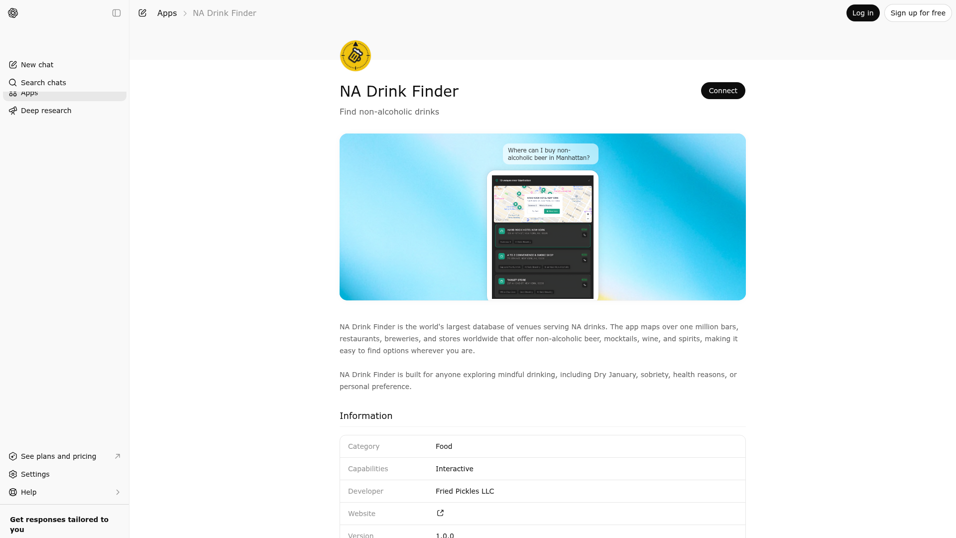 Screenshot of NA Drink Finder website