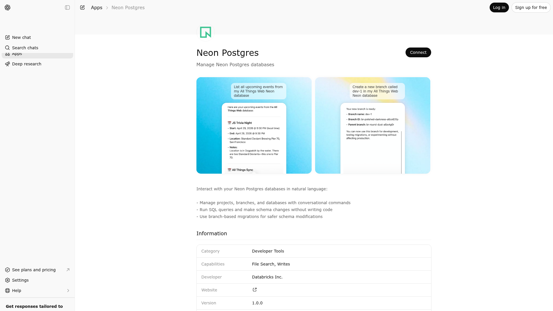 Screenshot of Neon Postgres website