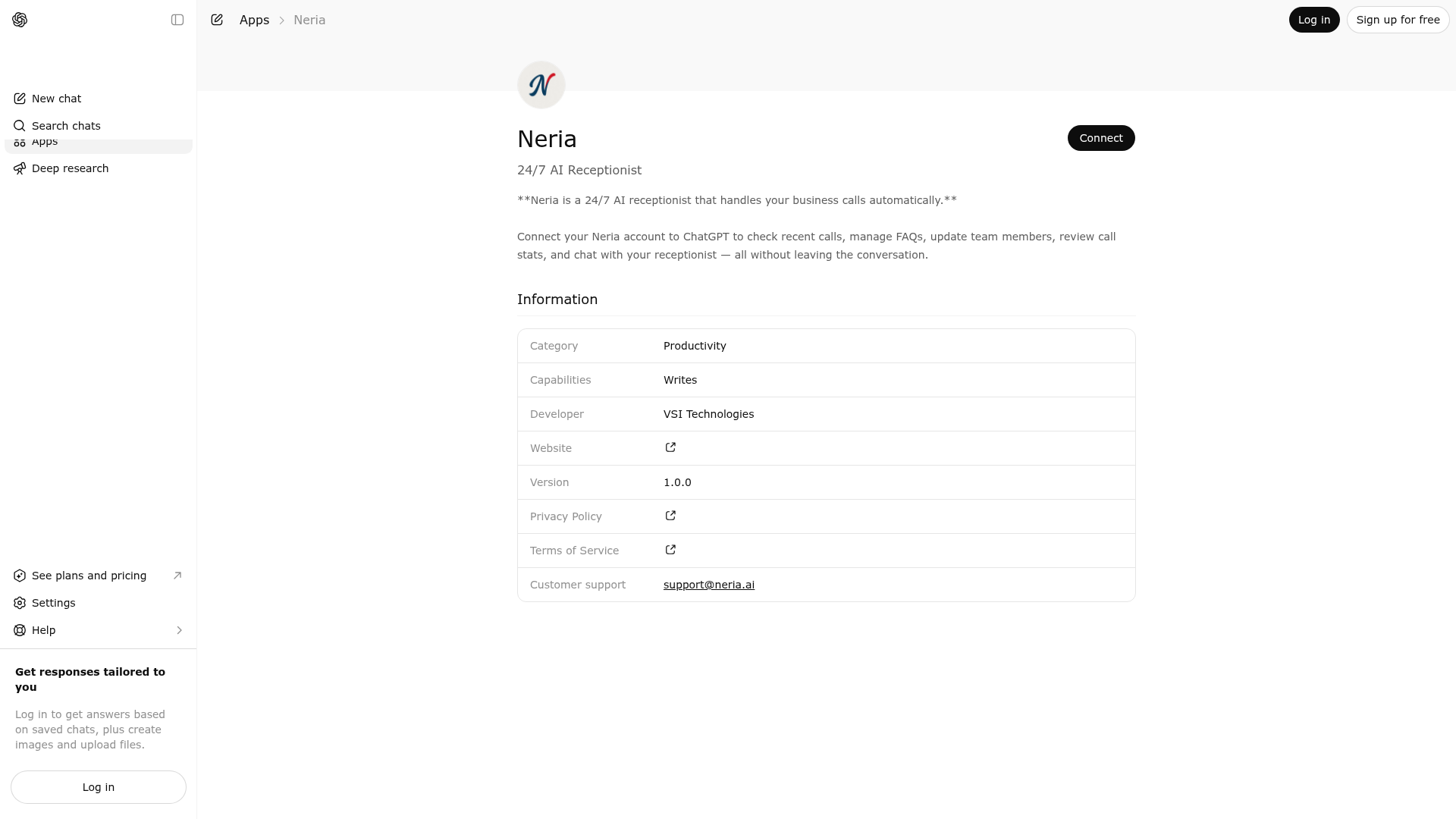 Screenshot of Neria website