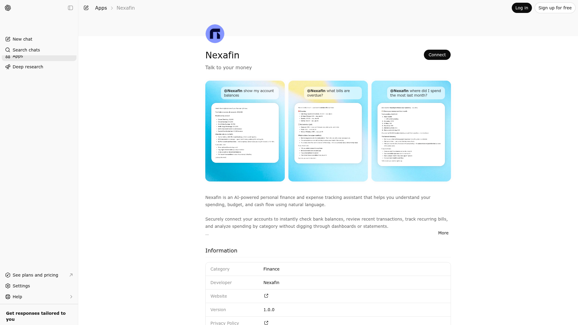 Screenshot of Nexafin website