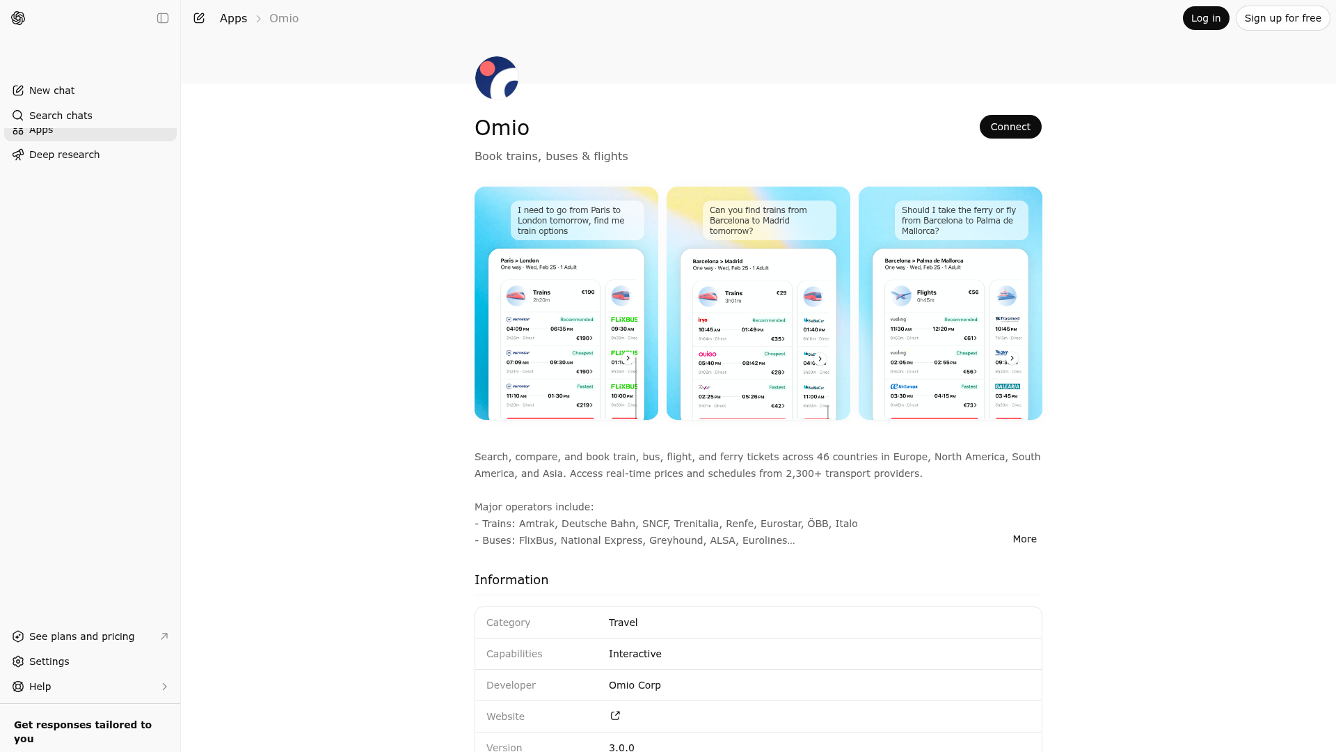 Screenshot of Omio website