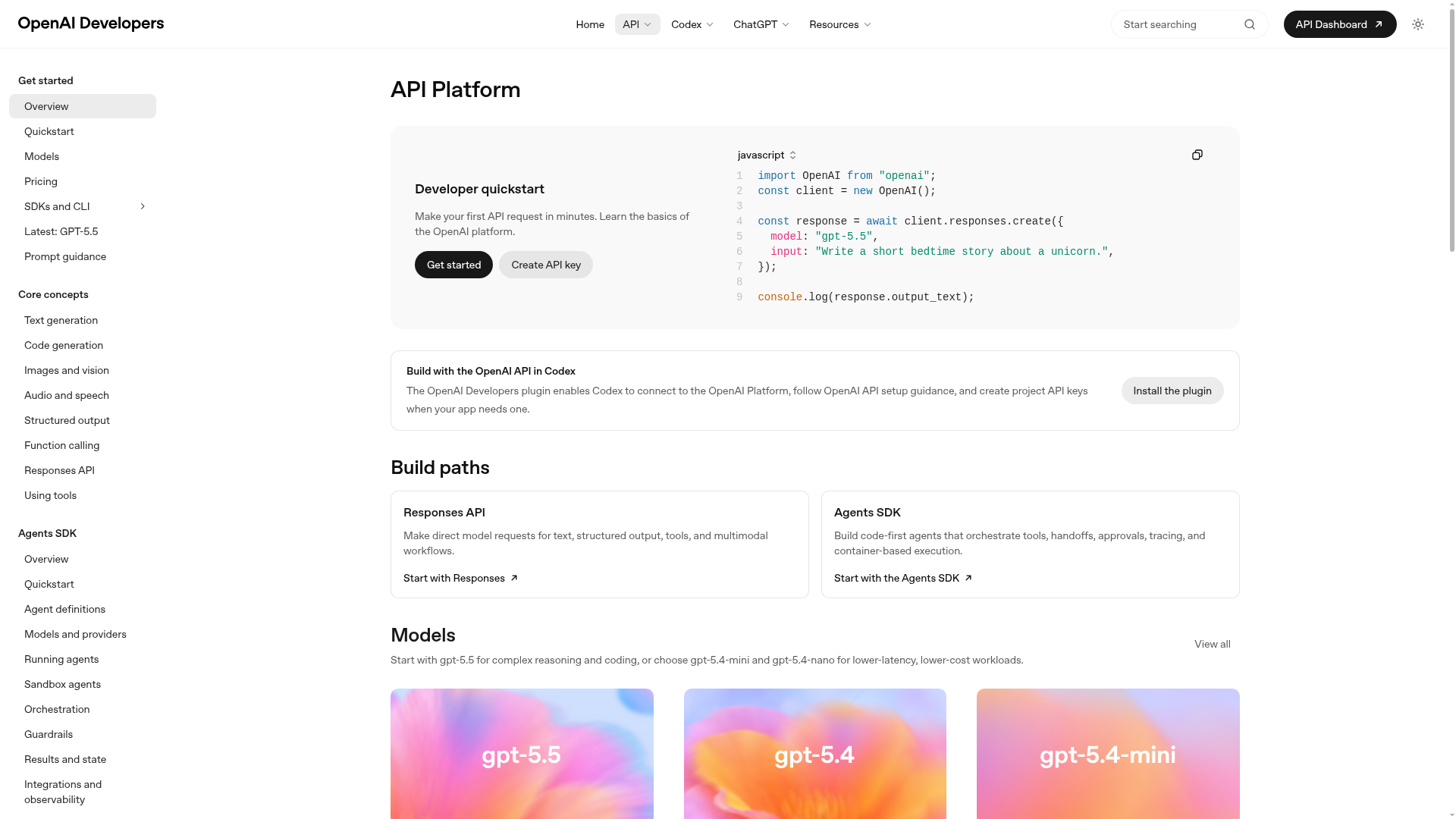 Screenshot of OpenAI Docs website