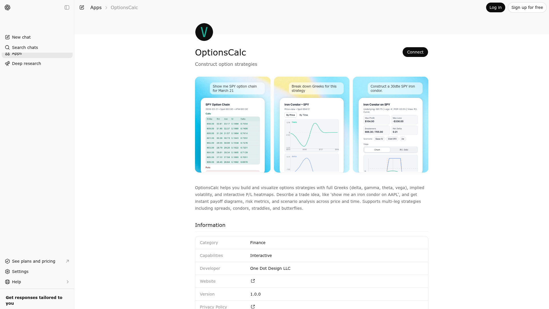 Screenshot of OptionsCalc website