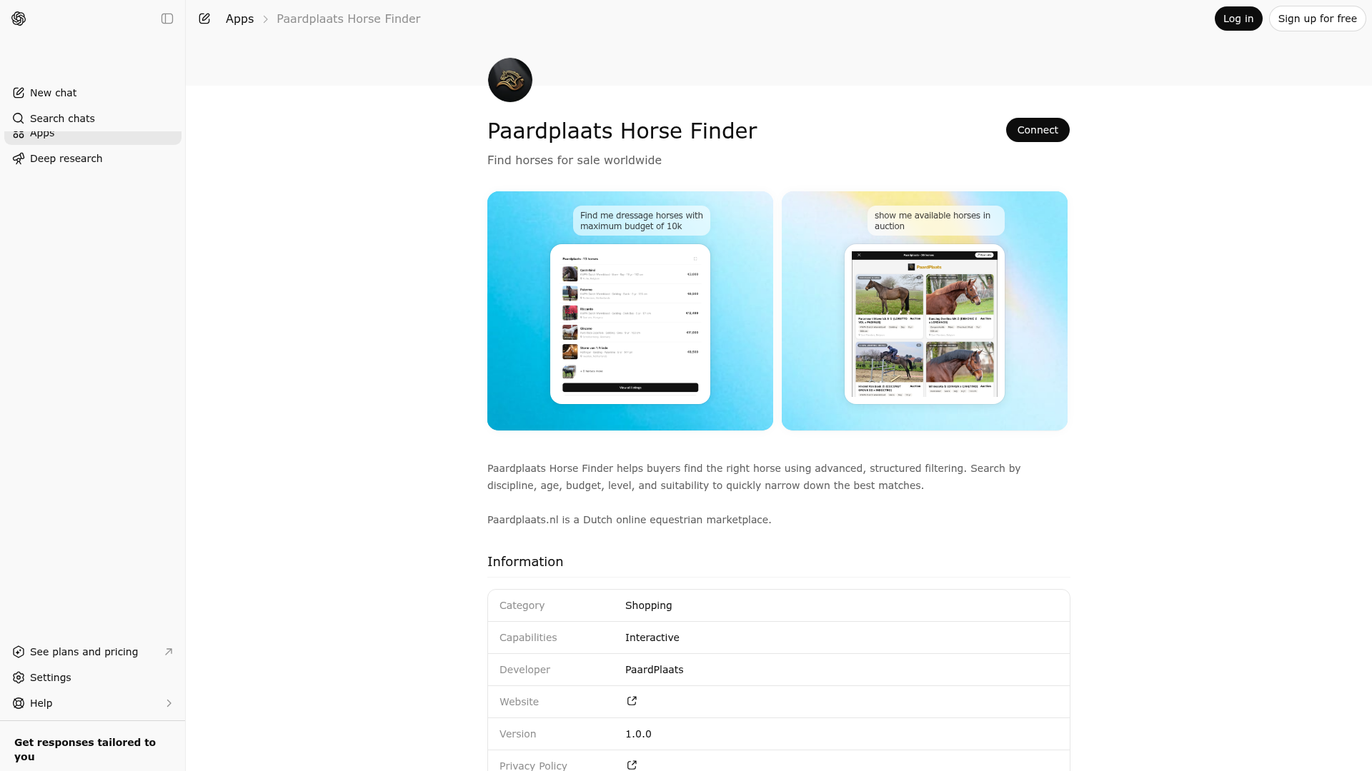 Screenshot of Paardplaats Horse Finder website