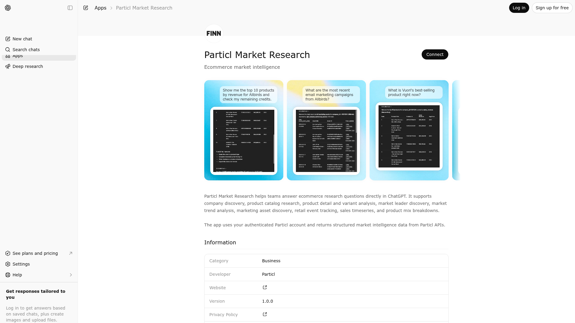 Screenshot of Particl Market Research website