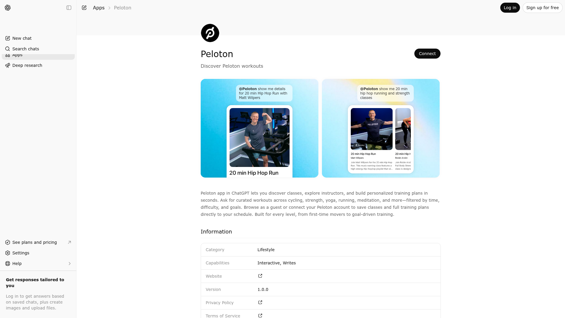 Screenshot of Peloton website